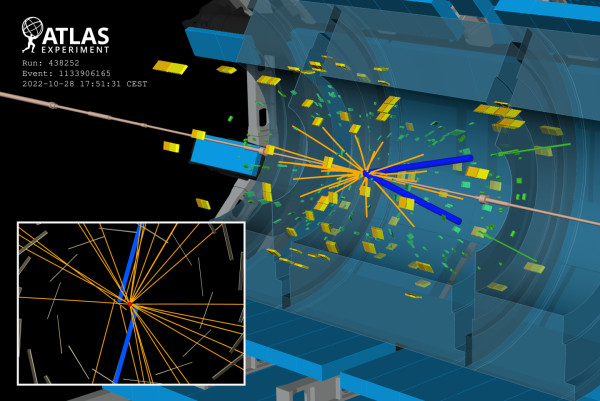 Rendering of different colored particles shooting out from a collision