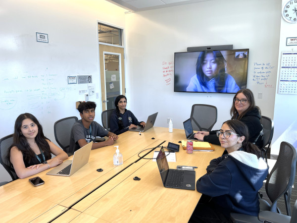 People sitting around a conference room table looking at the camera