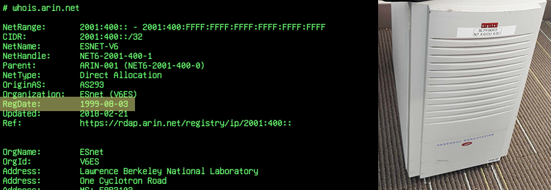 ARIN WHOIS record for IPv6 address block and a DEC Alpha personal computer